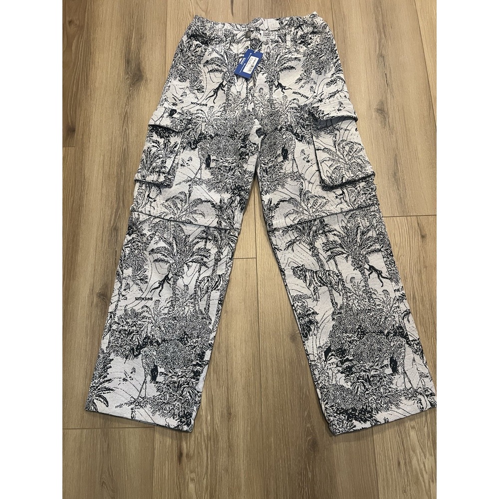 NWT SixthJune Paris Women's XS‎ Cargo Pants Black White  Jungle Print Wide Leg